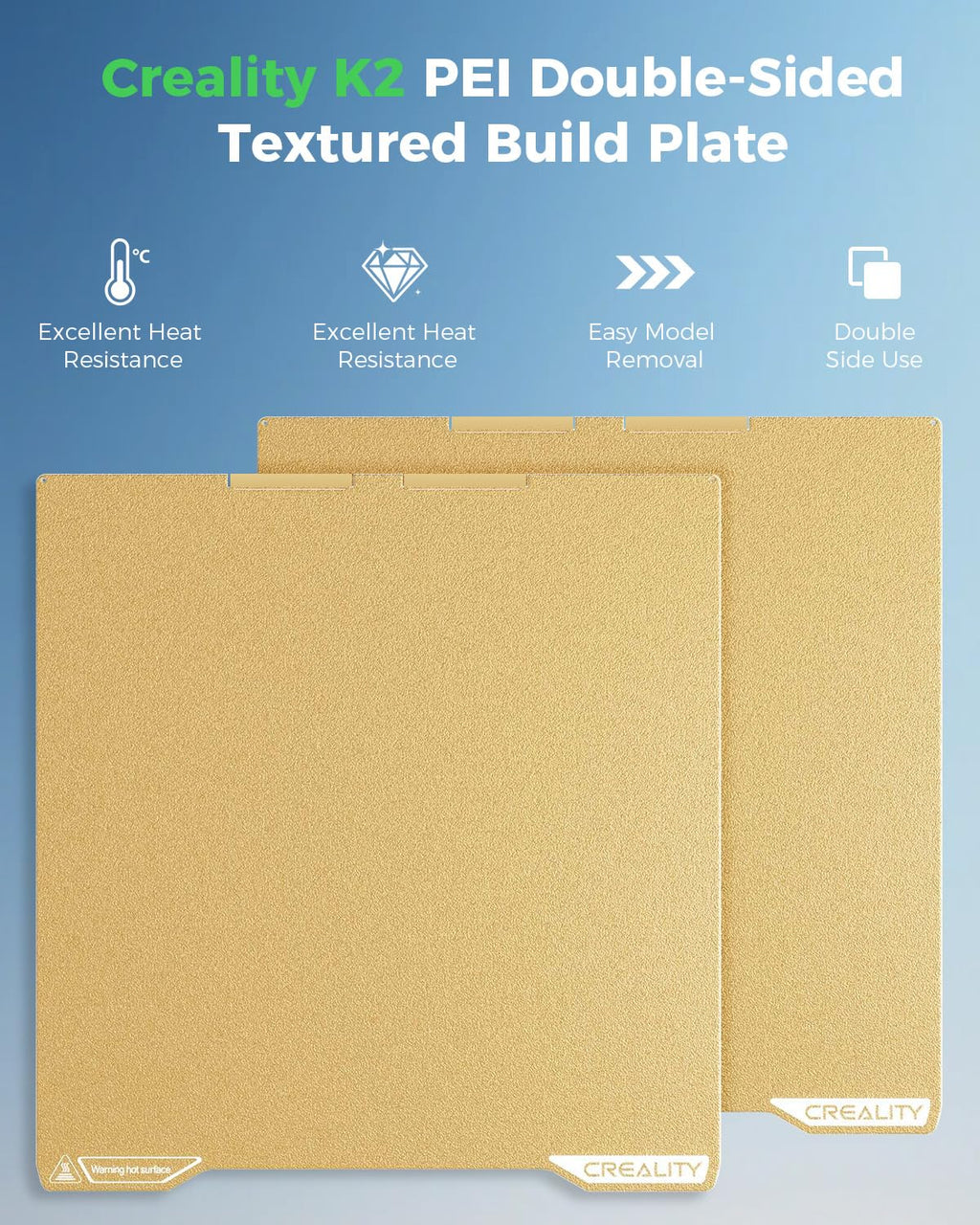 Creality Official K2 Build Plate, 270x293mm Textured PEI Sheet, Double Sided Magnetic Flexible Removable Spring Steel Printing Plate 3D Printer Bed Plate Gold(Without Magnetic Base)