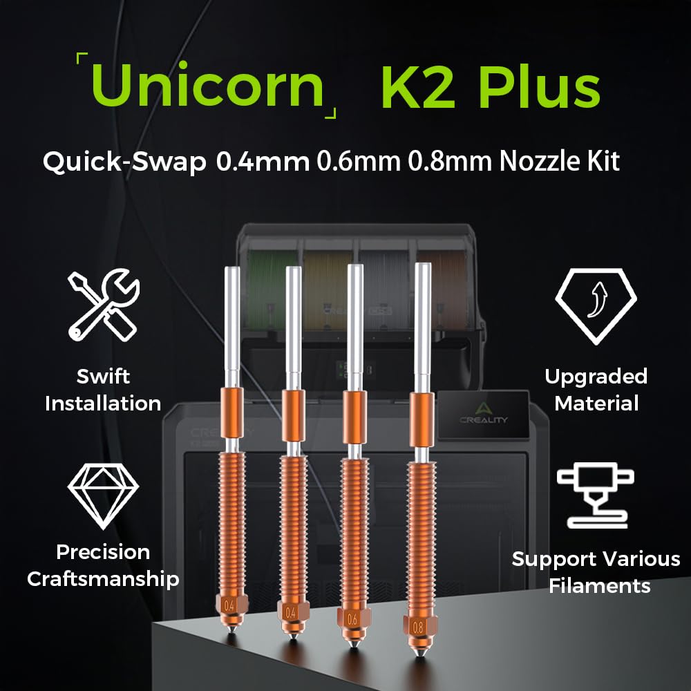 Creality K2 Plus Nozzle, K2 Pro Hotend Nozzles Replacement Kit with Titanium Alloy, Copper Alloy, Hardened Steel, High Flow Upgraded Unicorn Nozzle for K2/ K2 Pro Combo (0.4 0.6 0.8mm 4PCS)