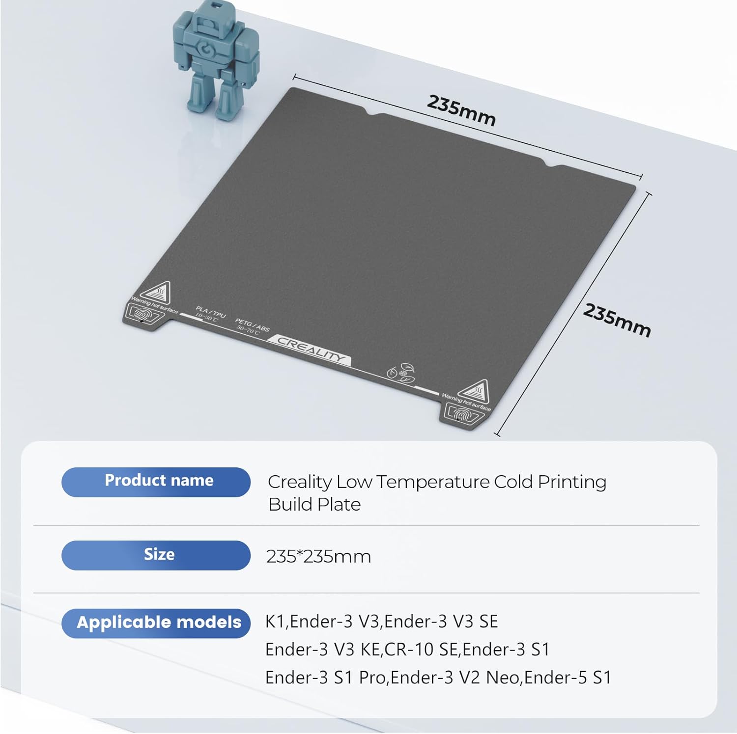 Creality Official Cold Low Temperature Build Plate, 235x235mm Double Sided Cold 3D Printer Bed Platforms for Ender 3 V3 SE KE/K1/Ender 3 V3/CR-10 SE/Ender 3 S1 Pro/3 V2 Neo/5 S1 3D Printers