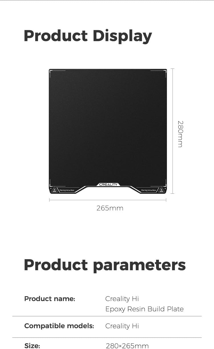 Creality Hi Epoxy Resin Build Plate (280 * 265mm), Without Magnetic Flexible Steel Plate, Excellent Adhesion, High Flatness, 3D Printer Platform for Creality Hi
